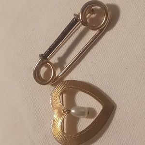 2 vintage Lapel pins a oversized safety pin for charms & gold tone heart beaded
